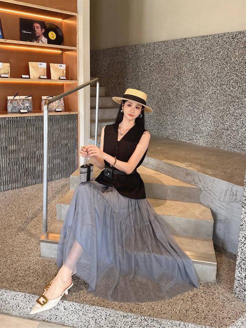 Women Casual Vest and  Twill Skirts With Pocket Belt Sets